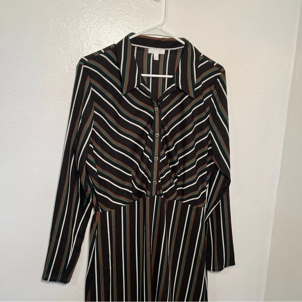 Abound Women's Size Large Button Front Maxi Dress Black Brown Spice Stripes Long